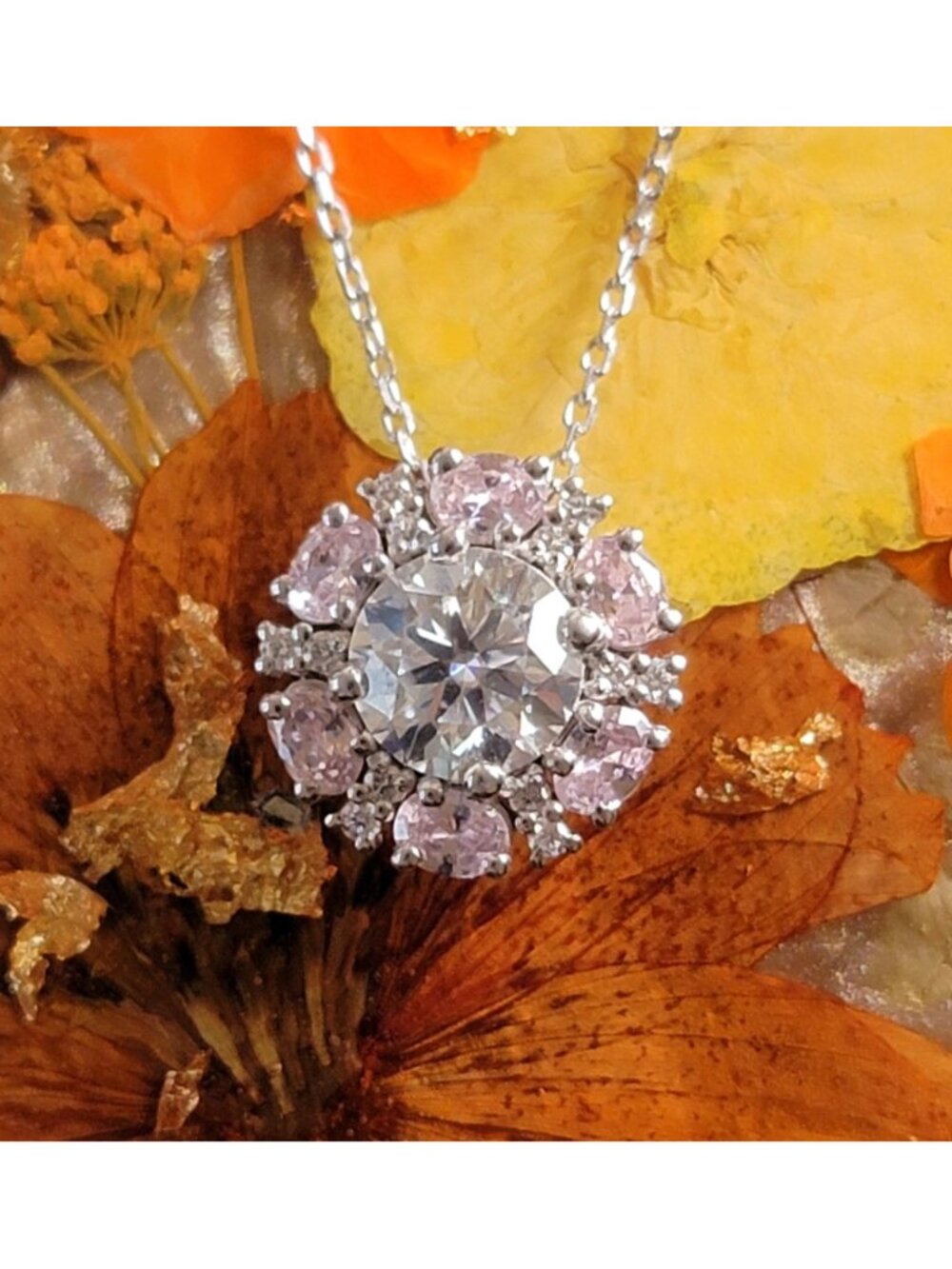 2Ct Moissanite Pink CZ Halo Necklace 925 Sterling Silver 18in NWT